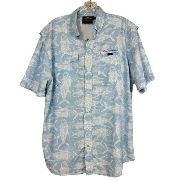 Vineyard Vines Men's Medium Fish Print Vented Fishing Harbor Shirt Size Medium - Picture 1 of 12